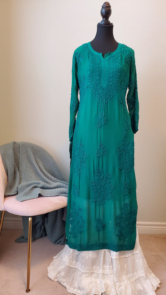 Green Viscose-Georgette Kurti & Gharara Set