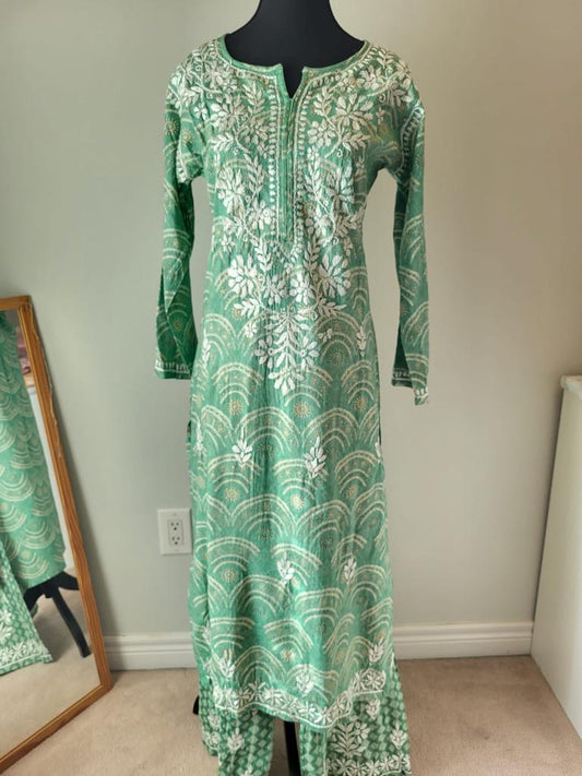 Green Modal Slub Printed Kurti and Palazzo Set
