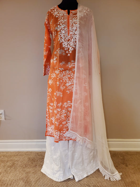 Orange Mulmul Kurti, Palazzo & Dupatta Set