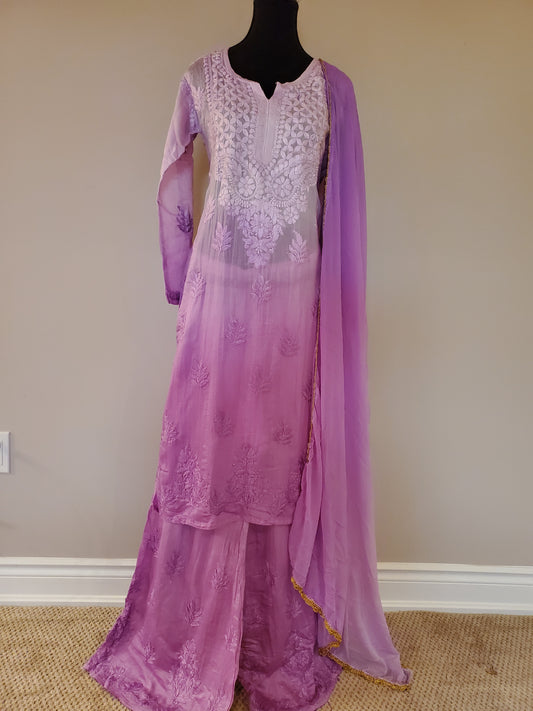 Purple Shaded Chanderi Kurti, Palazzo & Dupatta Set